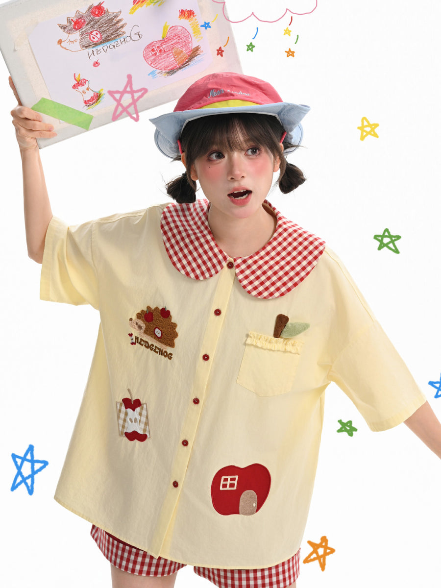 Apple Hedgehog Picnic Blouse-Tops-ntbhshop