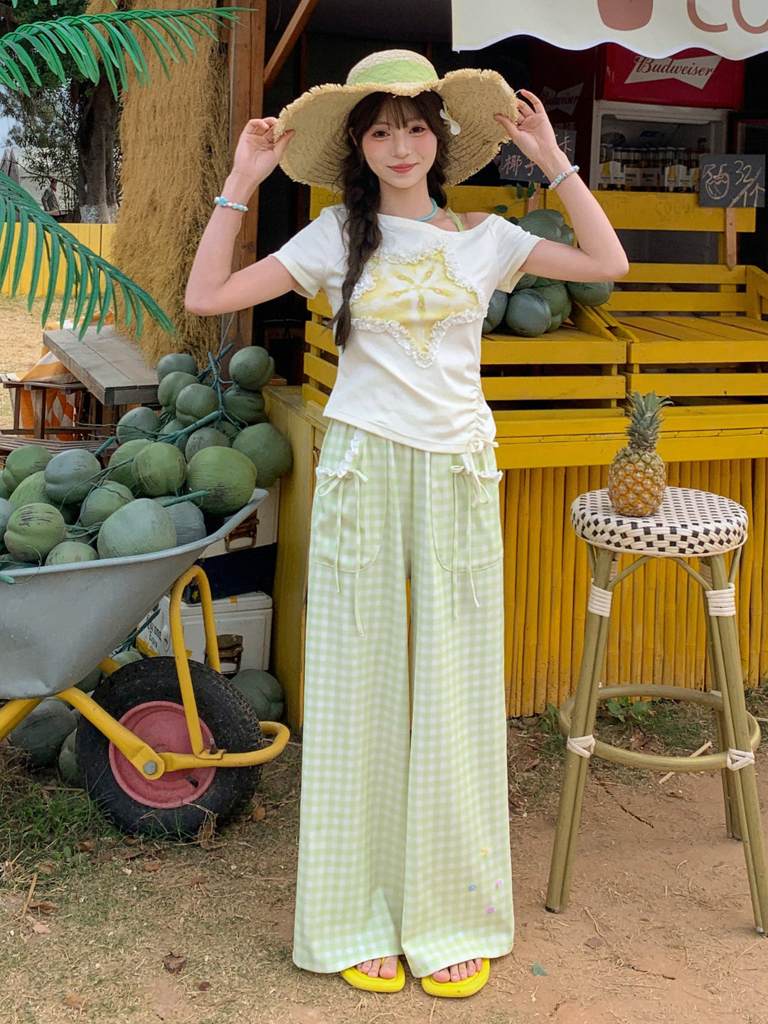 Matcha Gingham Wide Leg Pants-Bottoms-ntbhshop