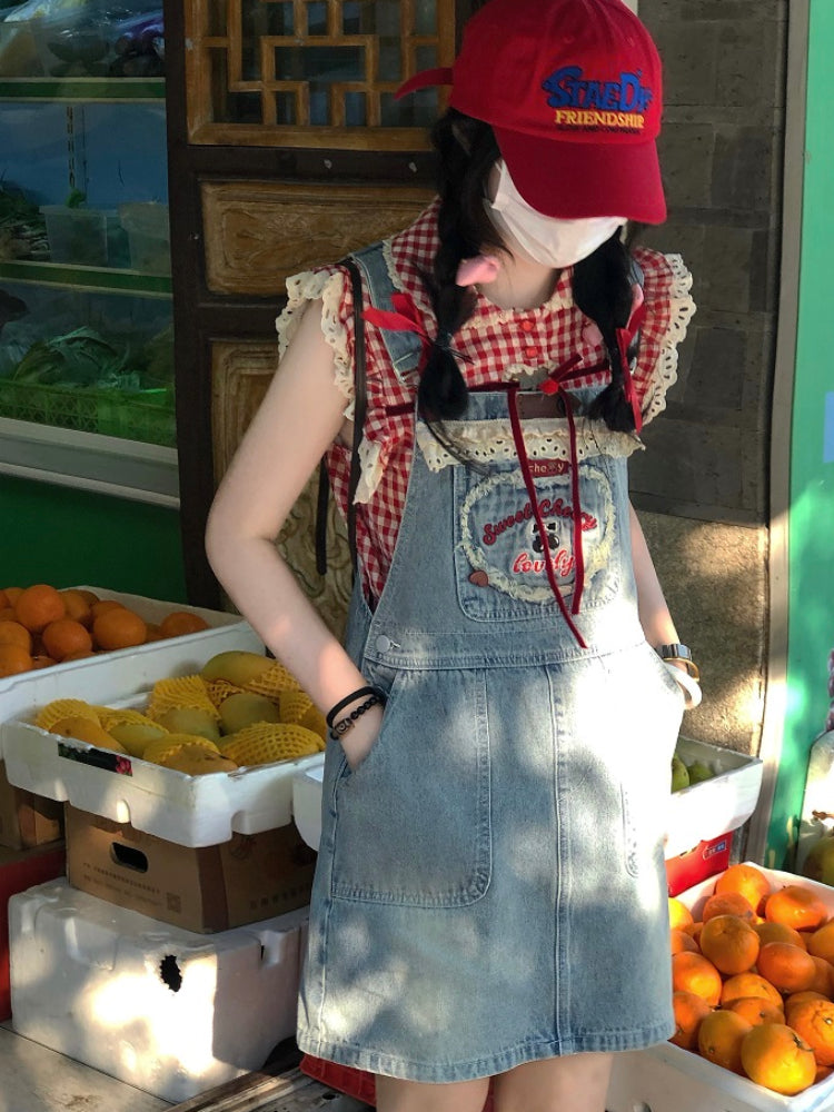 Sweet Cherry Denim Dungaree Dresses-ntbhshop