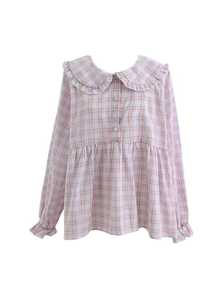 Blush Cloud Plaid Babydoll Blouse-Tops-ntbhshop