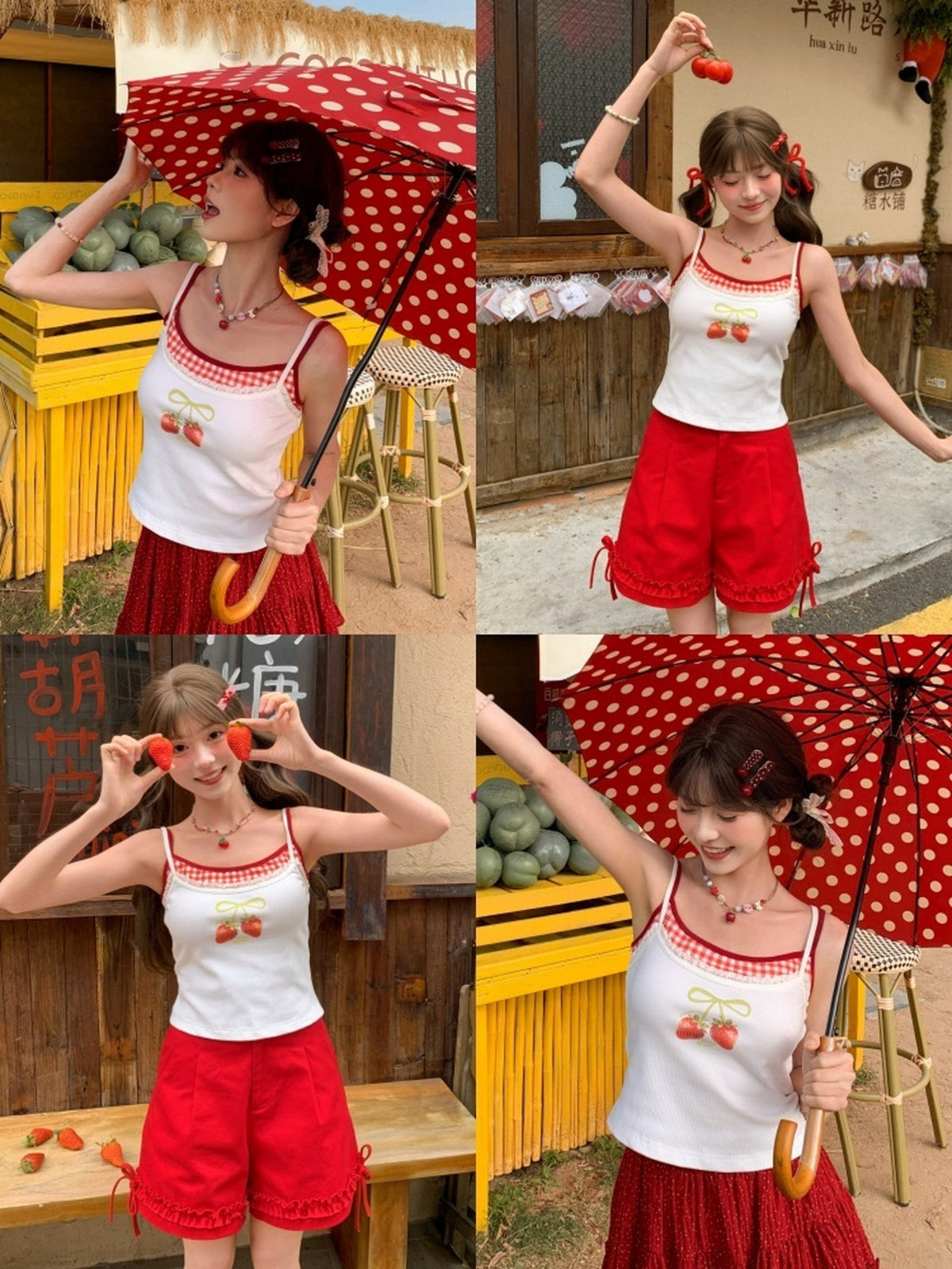 Strawberry Picnic Ribbon Camisole-Tops-ntbhshop