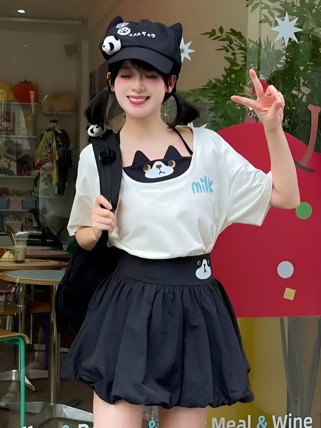 Milk Cat Layered Tee & Bubble Skirt-Sets-ntbhshop