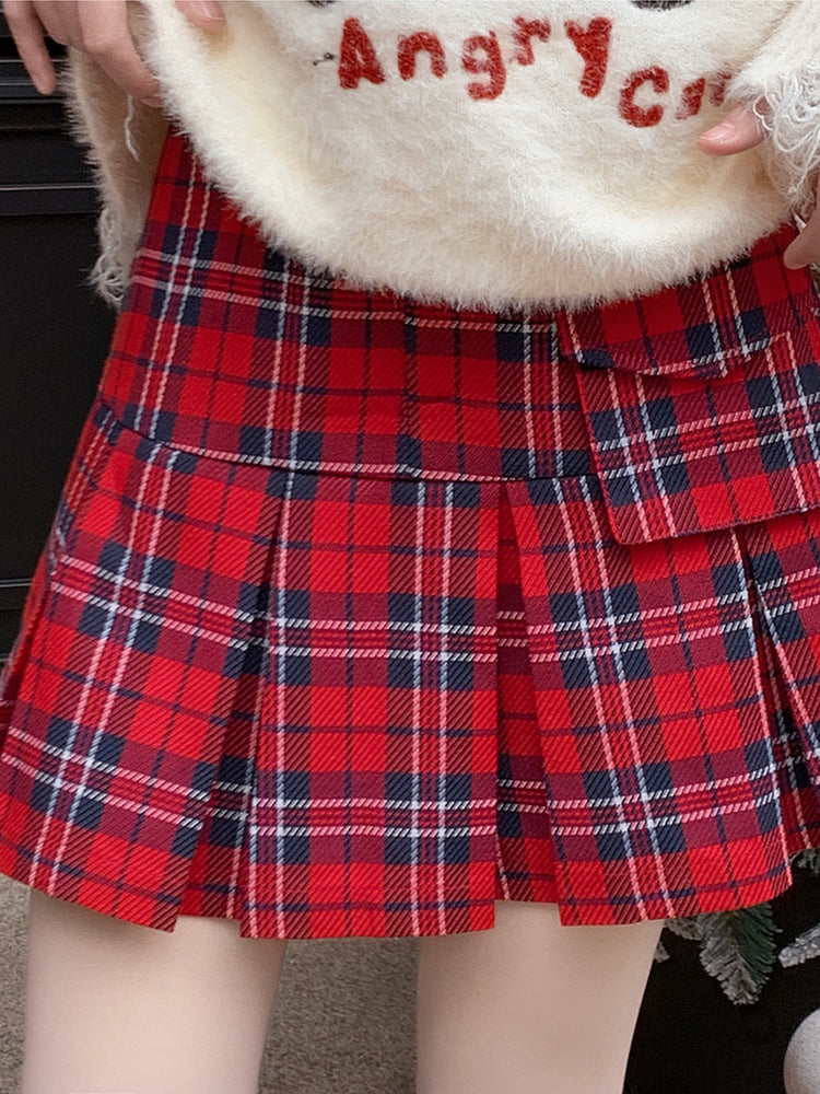 Cherry Tartan Pleated Skirt-Tops-ntbhshop