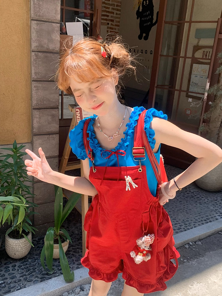 Berry Bubble Overall Shorts & Bow Ruffle Top-ntbhshop