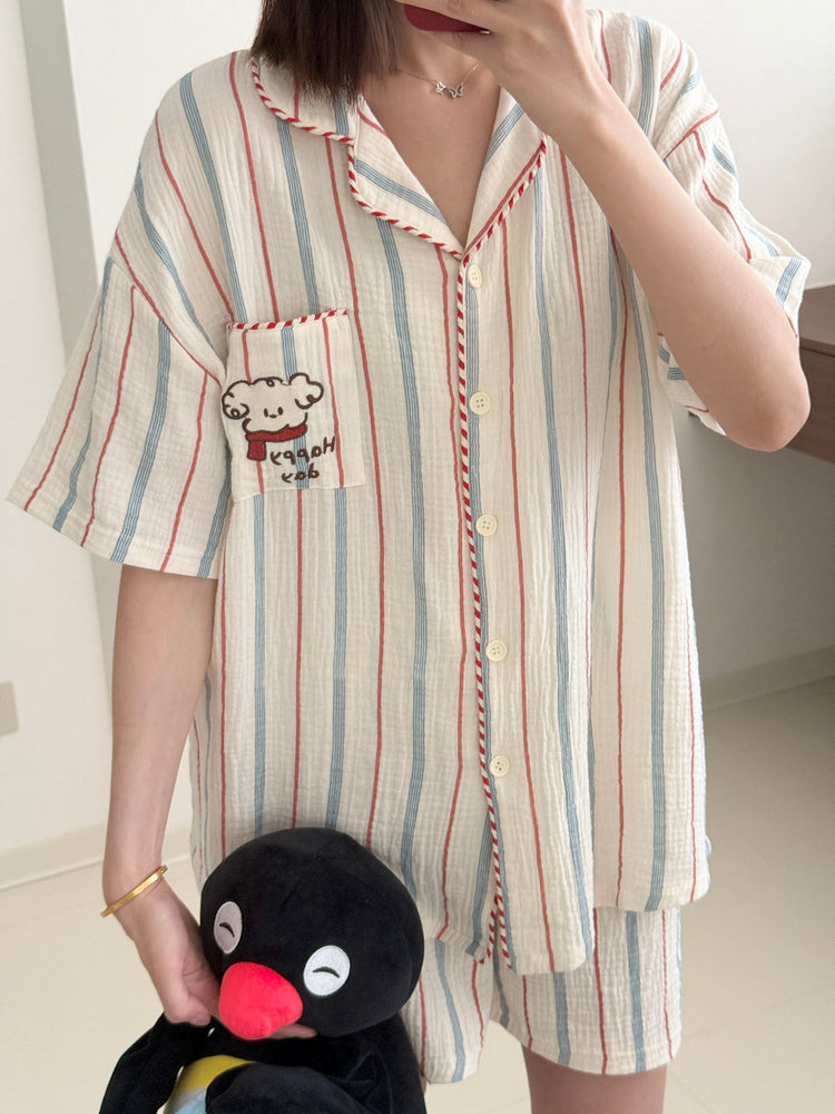 Puppy Stripe Double-Gauze Pajama Set-Sets-ntbhshop