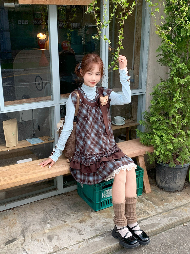 Berry Bear Base Top & Plaid Doll Dress-Sets-ntbhshop