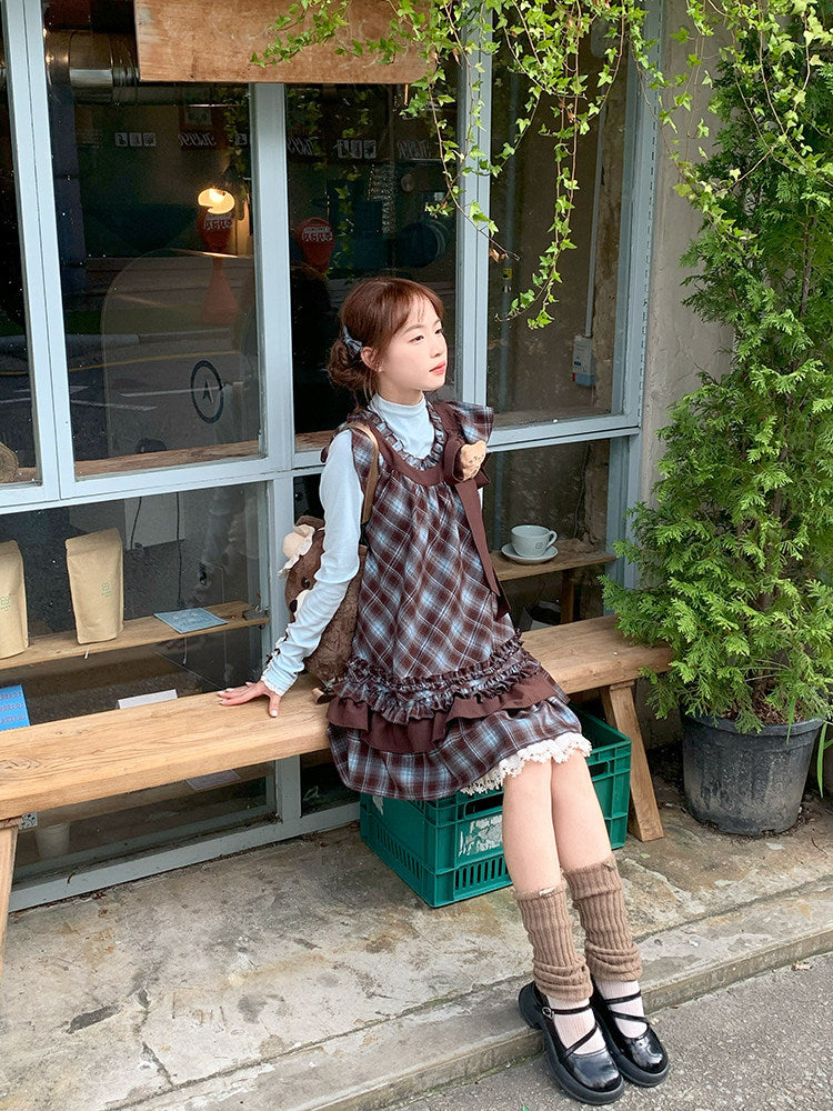 Berry Bear Base Top & Plaid Doll Dress-Sets-ntbhshop