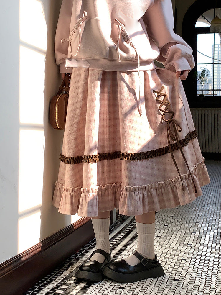 Milk Tea Cat Sweatshirt & Plaid Skirt-ntbhshop