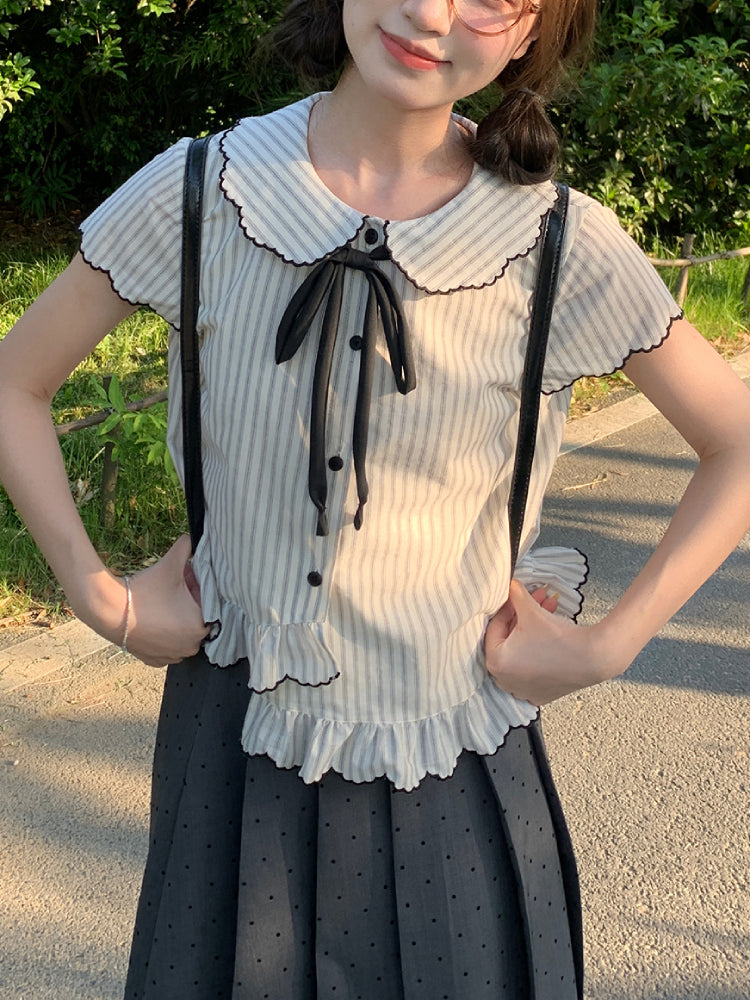 Vintage Prep Doll Collar Blouse & Skirt-Sets-ntbhshop