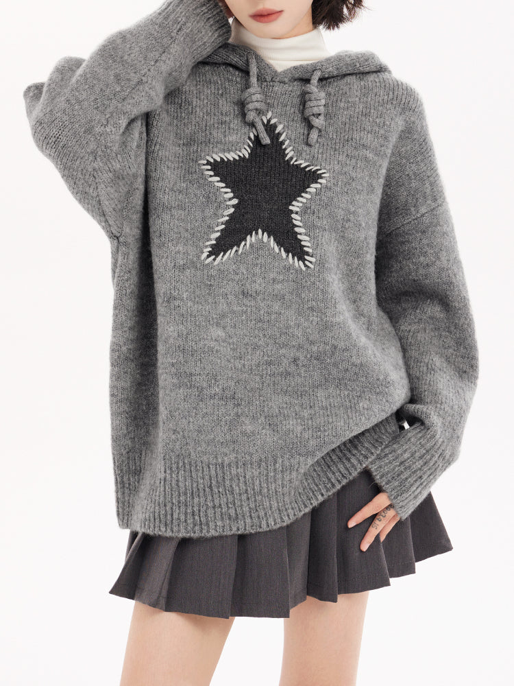 Frosty Starry Patch Knit Hoodies-Tops-ntbhshop