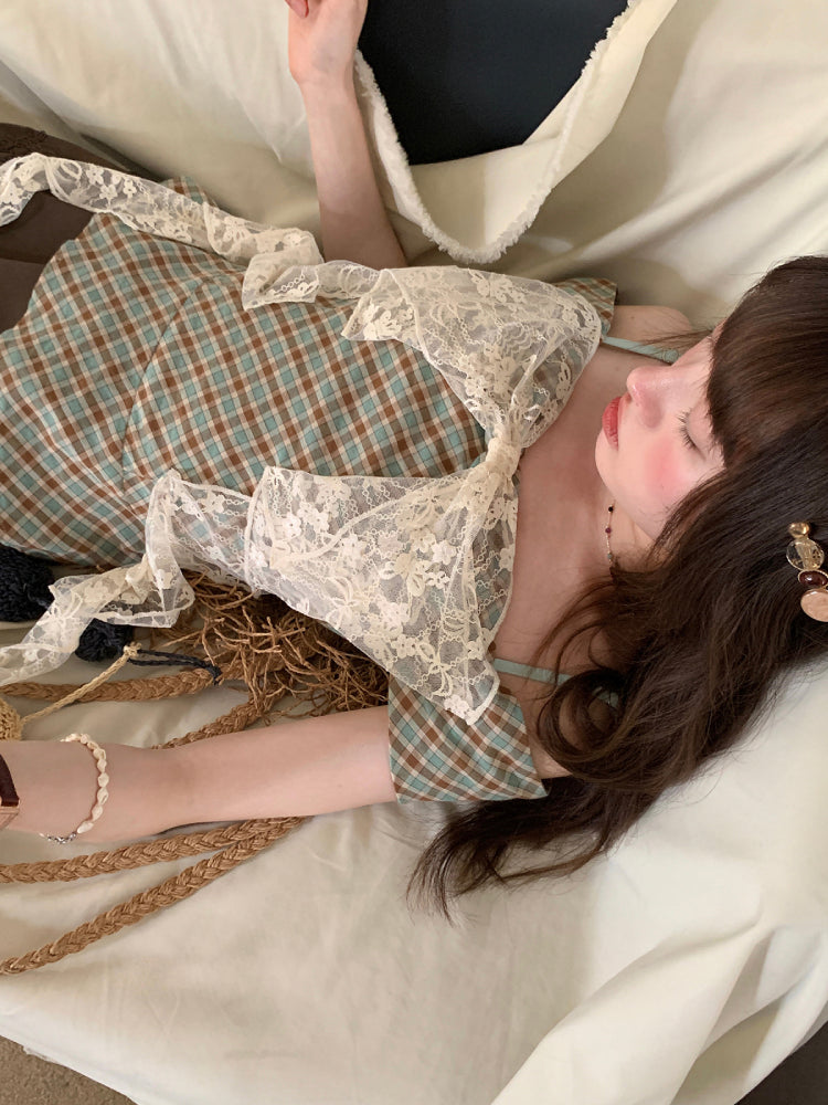 Willow Check Mesh Bow Plaid Cami-ntbhshop