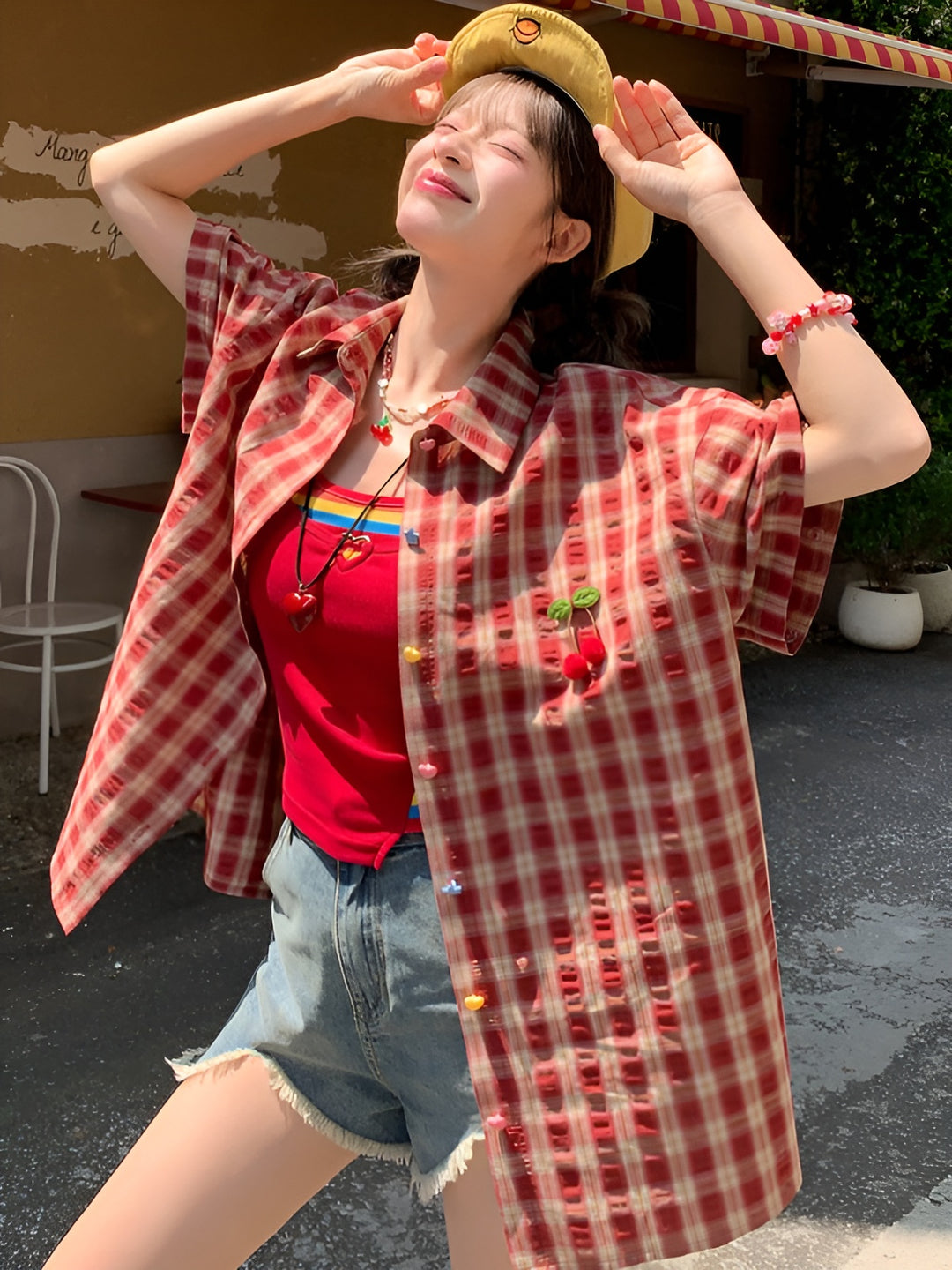 Dopamine Fruit Plaid Shirt Jackets-Tops-ntbhshop