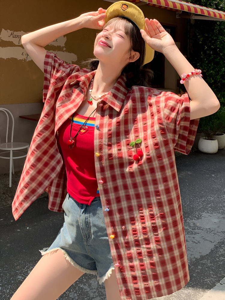 Dopamine Fruit Plaid Shirt Jackets-Tops-ntbhshop