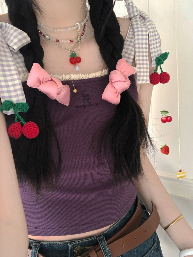 Lovely Cherry Plaid Strap Tops-ntbhshop