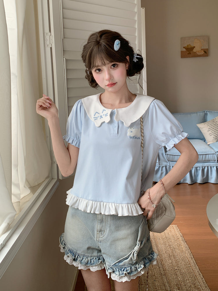 Kitten Sailor Collar Blouse-Tops-ntbhshop