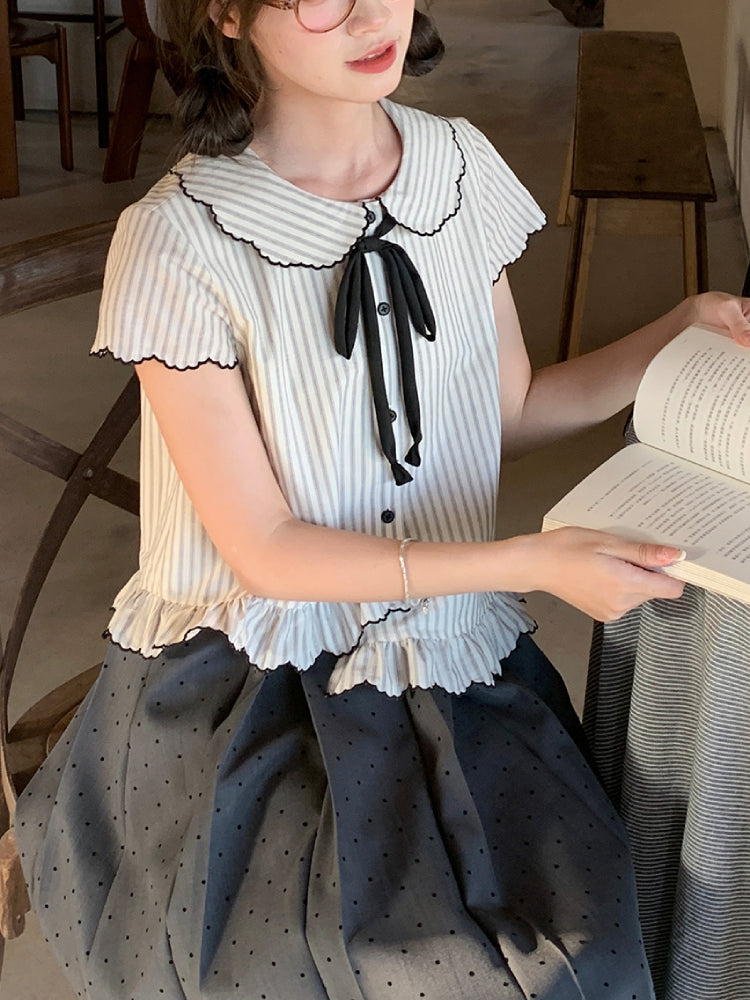 Vintage Prep Doll Collar Blouse & Skirt-Sets-ntbhshop