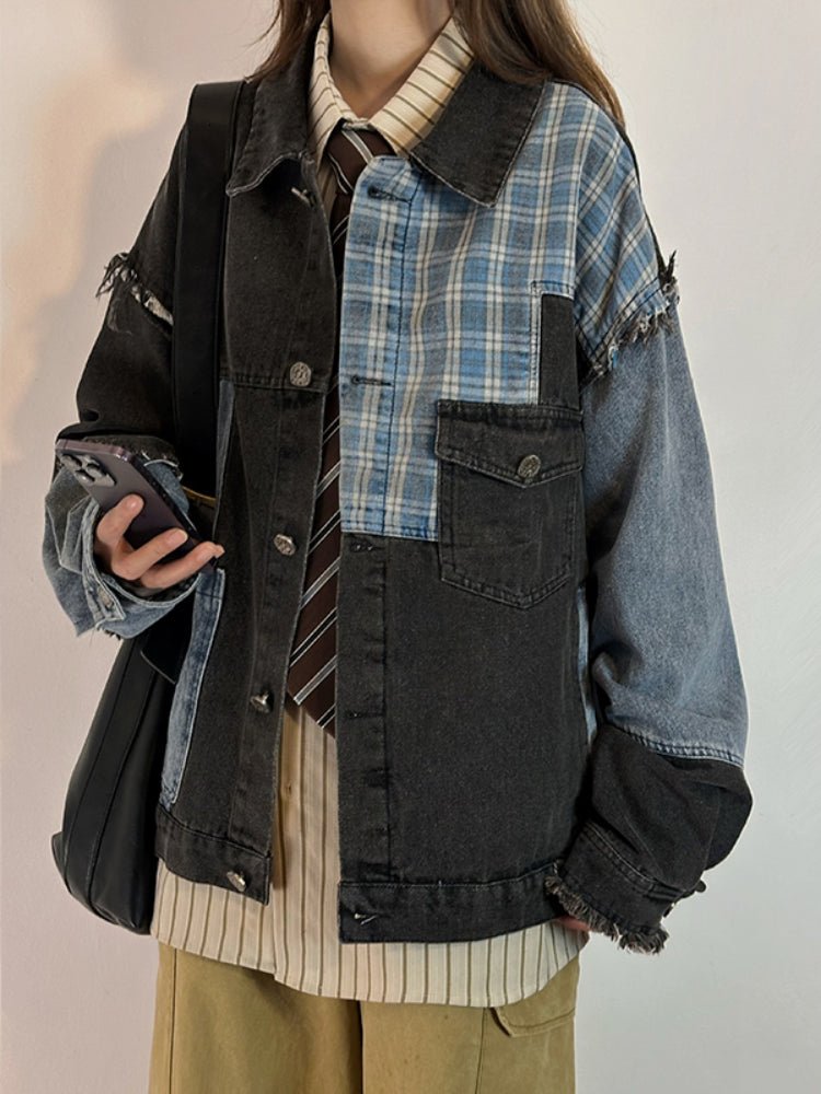 Plaid Clash Denim Patch Jacket-ntbhshop
