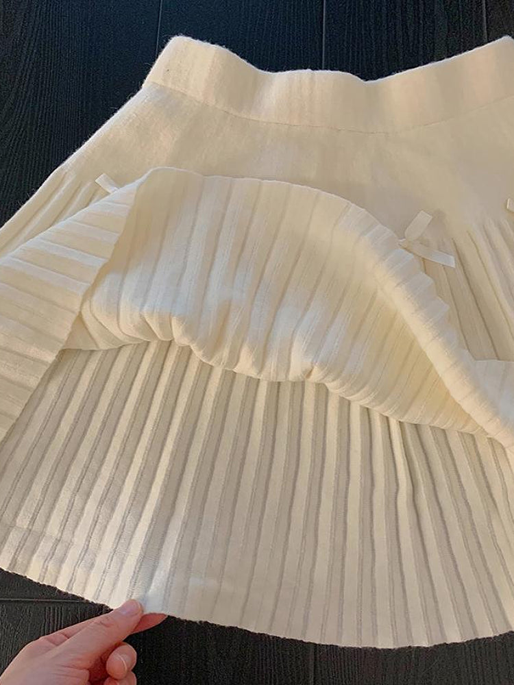 Snow Ribbon Pleated Skirt-ntbhshop