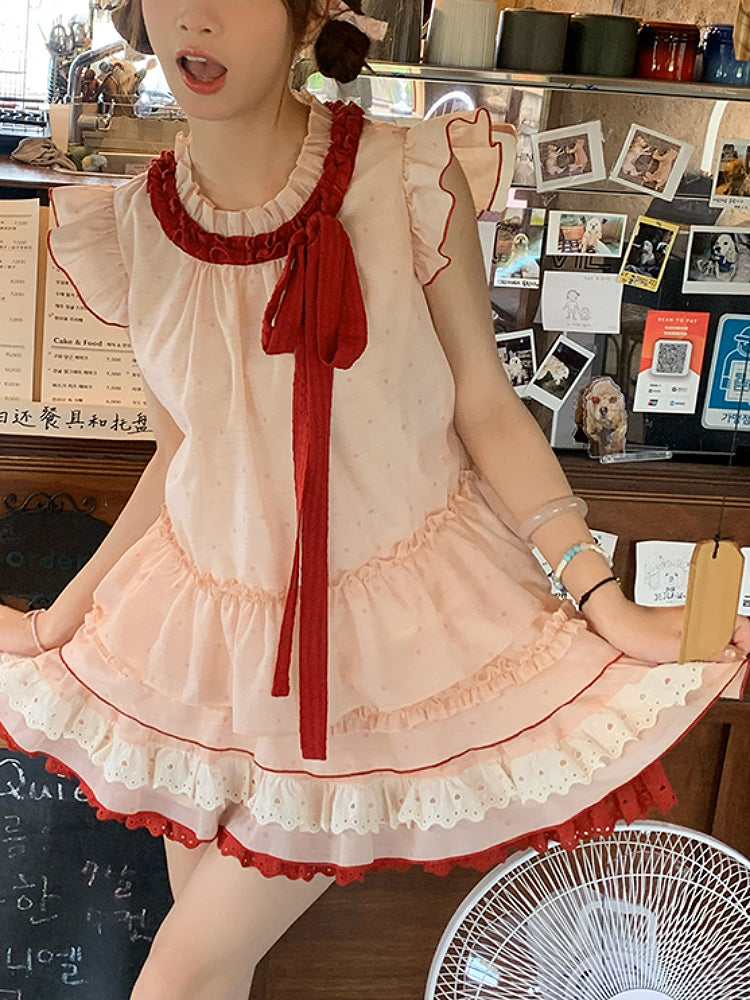 Watermelon Splash Fairy Sleeve Blouse & Cake Skirt-ntbhshop