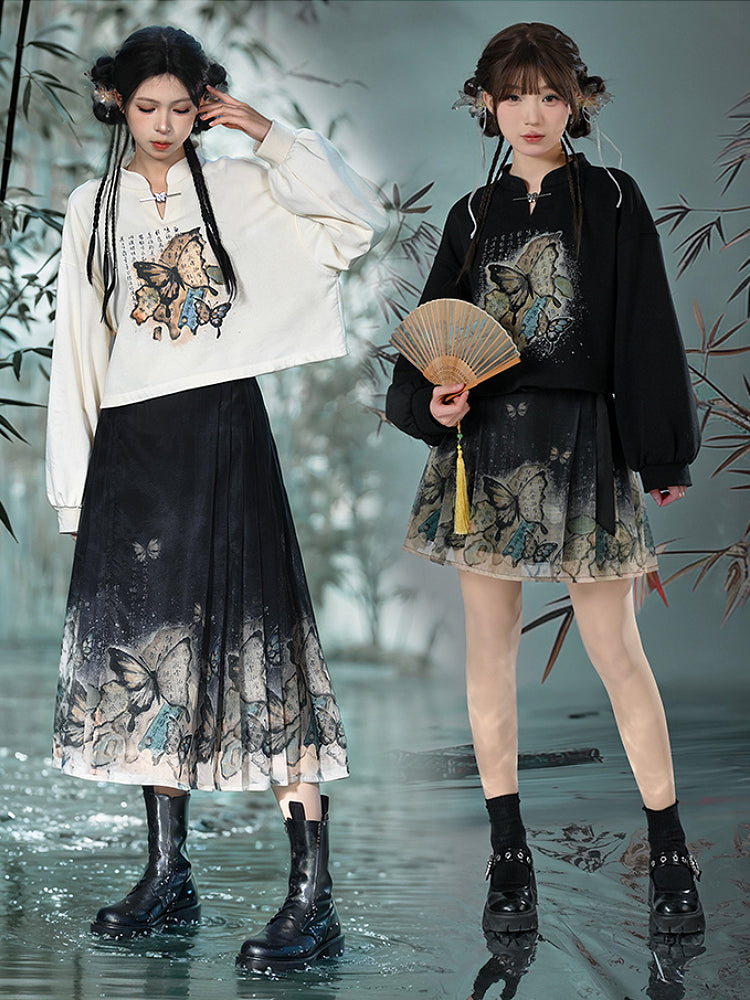 The Pile of Brocade Ash Chinese Butterfly Pleated Skirts-ntbhshop