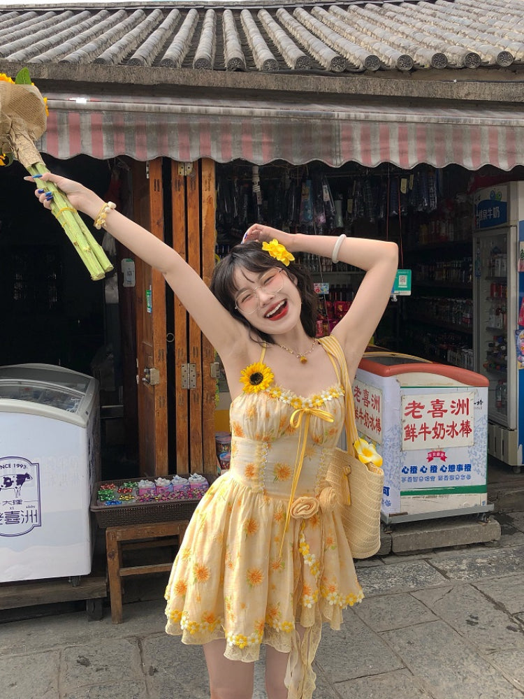 Sunflower Lace-Up Back Summer Dress-ntbhshop