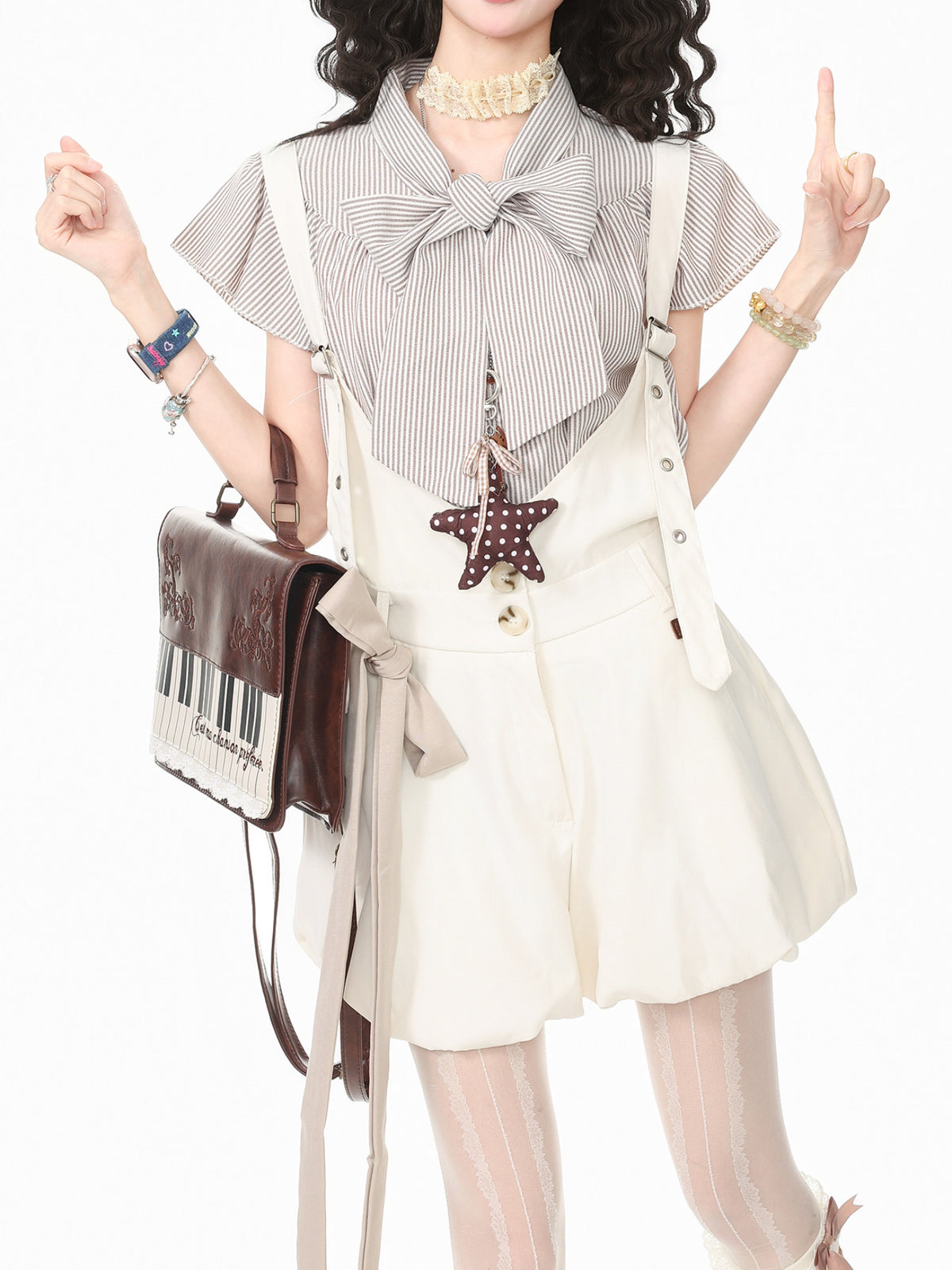 Vanilla Latte Stripe Blouse & Overall Shorts-Sets-ntbhshop