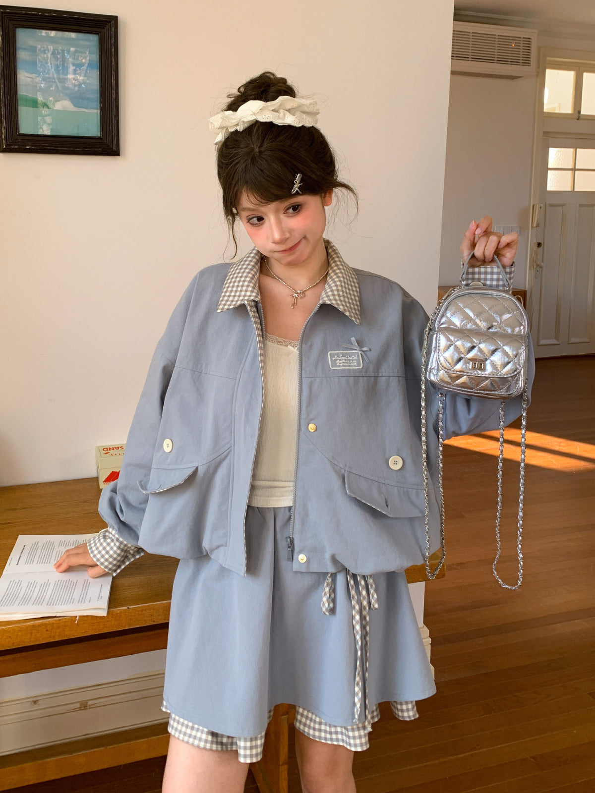 Cloud Frost Plaid Crop Jacket-Outerwear-ntbhshop