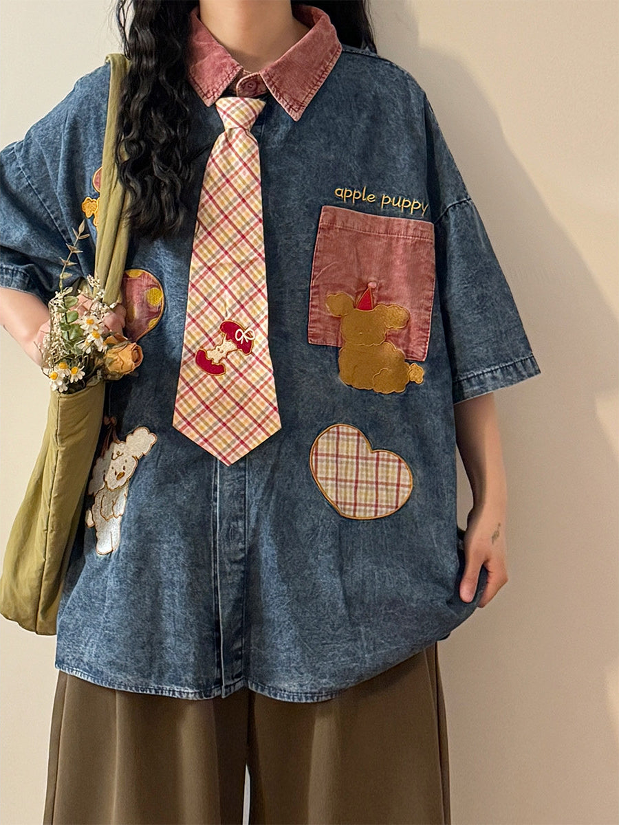 Apple Patchwork Denim Tie Shirts-Tops-ntbhshop