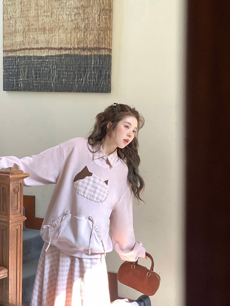 Milk Tea Cat Sweatshirt & Plaid Skirt-ntbhshop