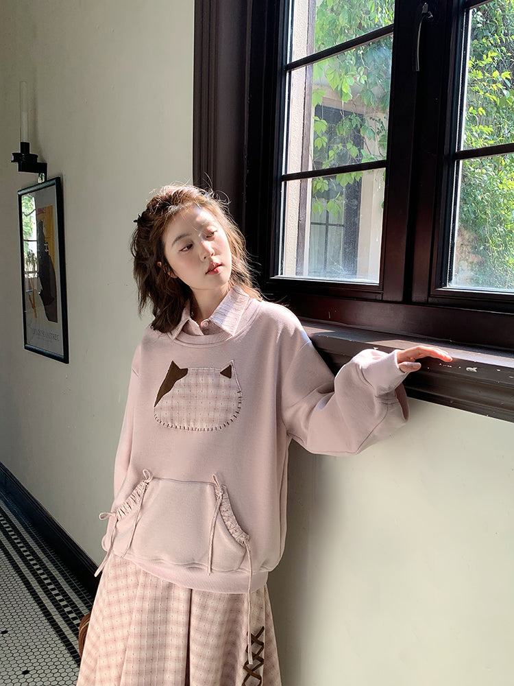 Milk Tea Cat Sweatshirt & Plaid Skirt-ntbhshop