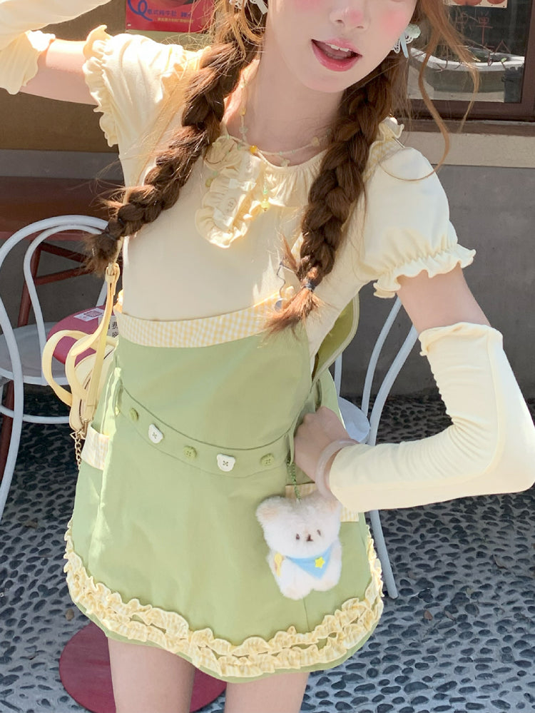 Green Apple Puff Sleeve Blouse & Overall Skirt-ntbhshop