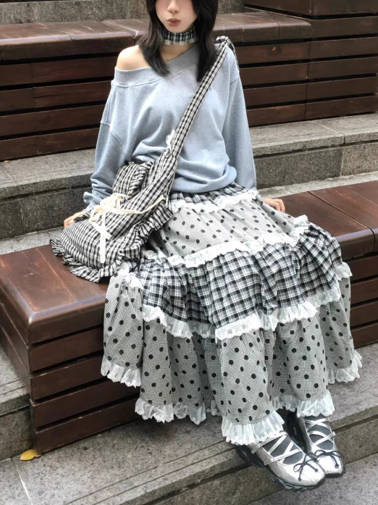 Black Sesame Plaid Lace Maxi Skirt-ntbhshop