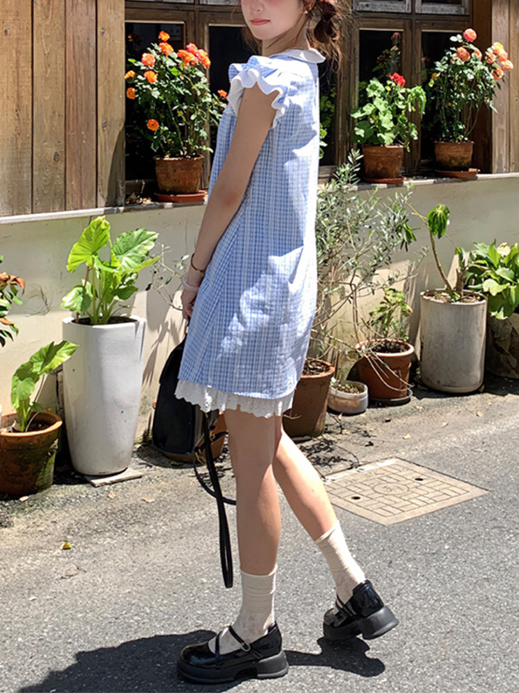 Plaid Puff Sky Short Dress-ntbhshop