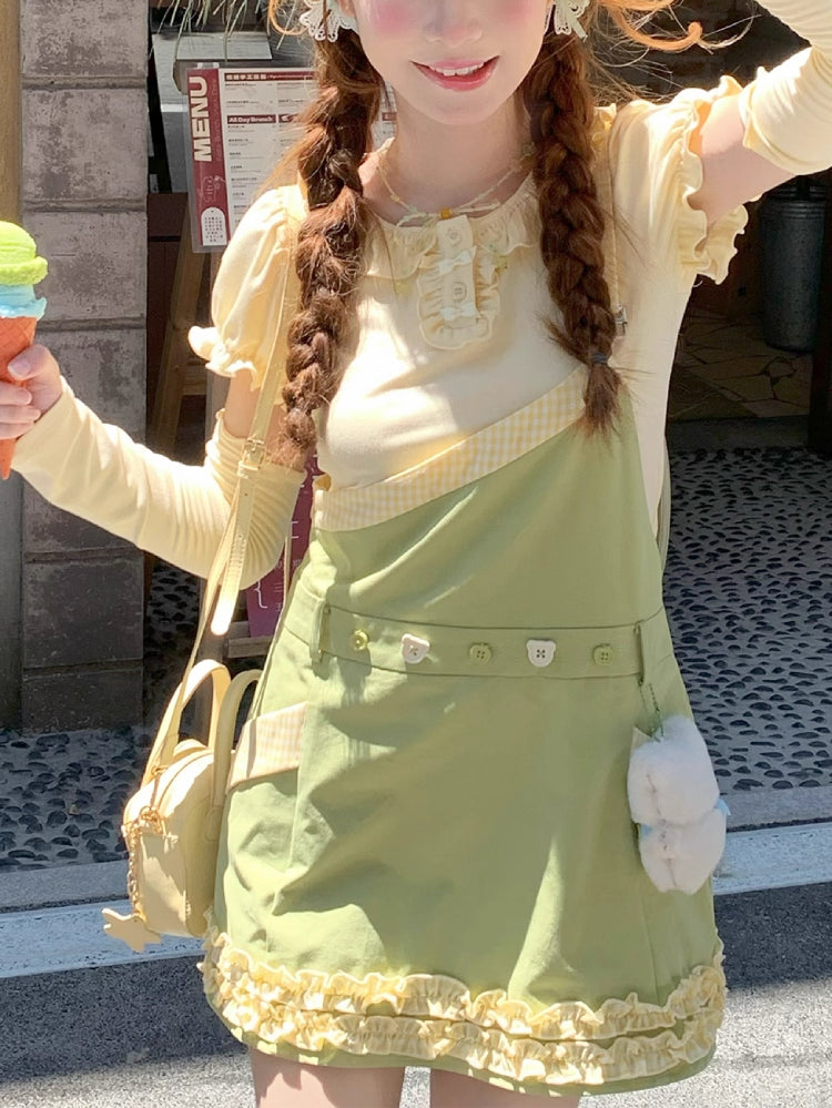 Green Apple Puff Sleeve Blouse & Overall Skirt-ntbhshop