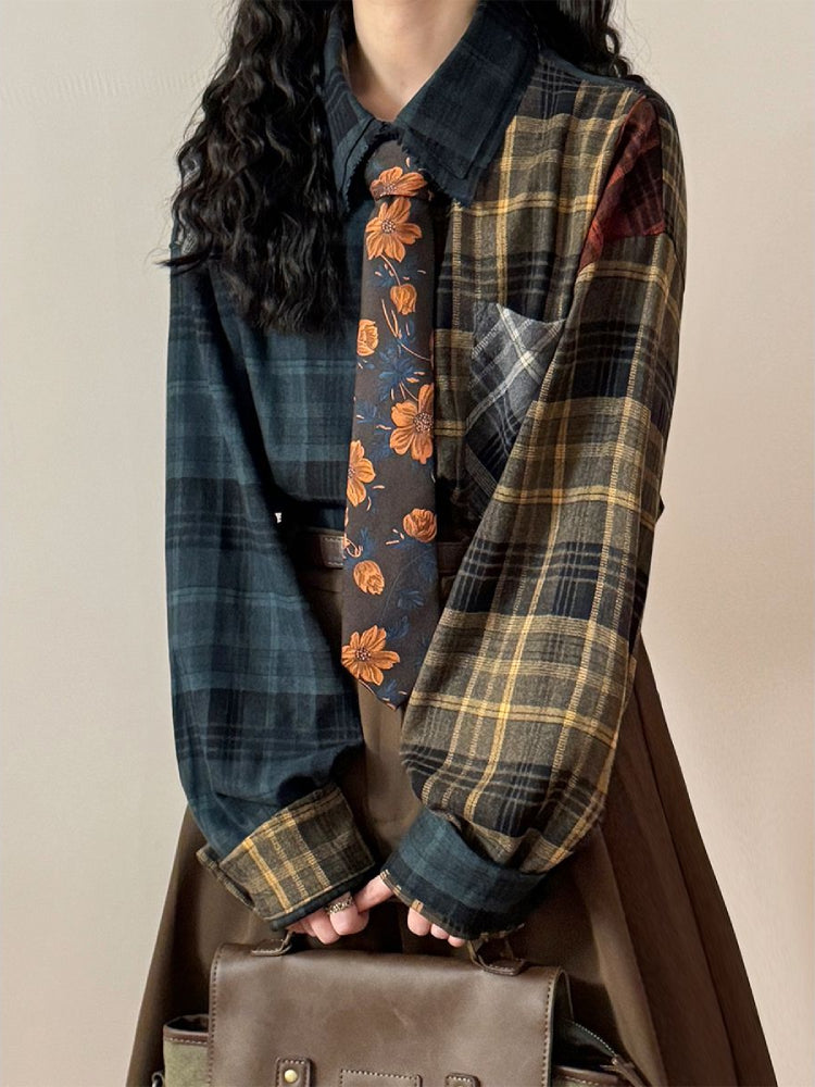 Retro Patchwork Unisex Plaid Shirt-ntbhshop