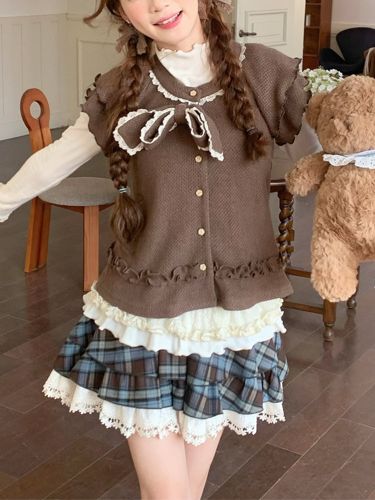Milk Coffee Bear Vest, Blouse & Skirt-ntbhshop