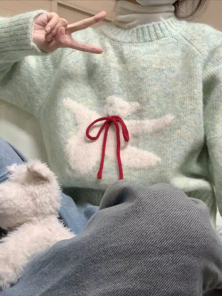 Mint Bear Bow Knit Sweater-Outerwear-ntbhshop