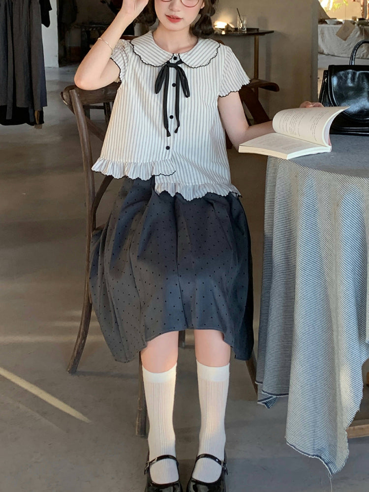 Vintage Prep Doll Collar Blouse & Skirt-Sets-ntbhshop