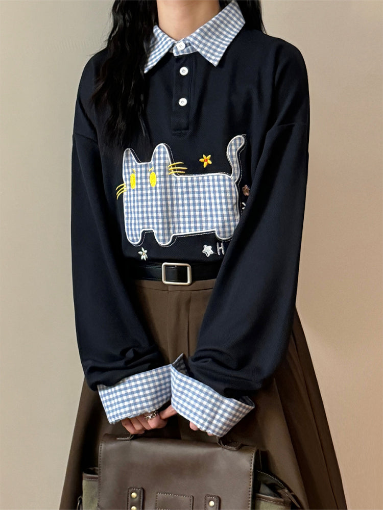 Plaid Whisker Patch Polo Sweatshirt-ntbhshop