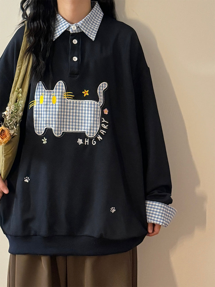 Plaid Whisker Patch Polo Sweatshirt-ntbhshop