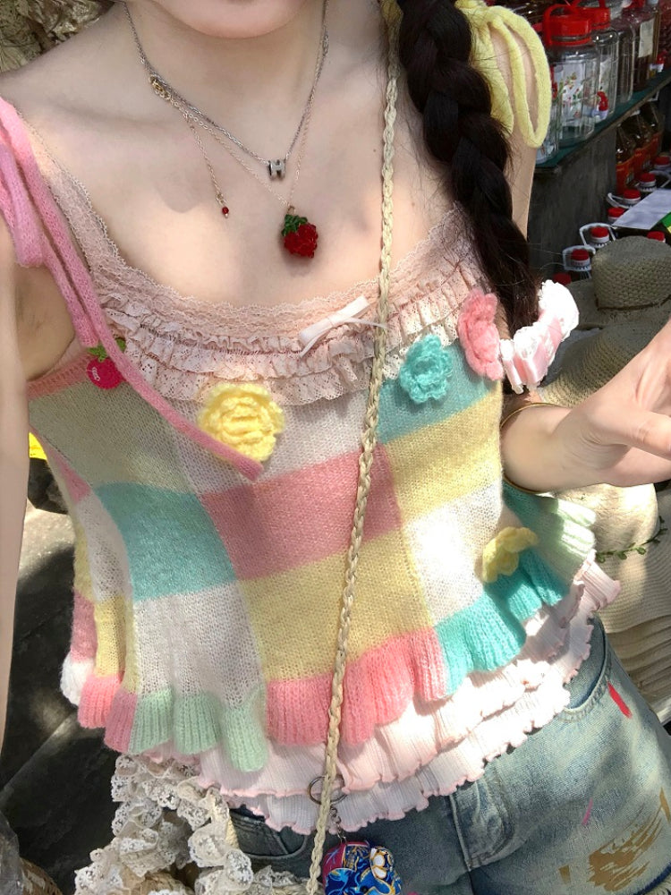 Candy Patch Checkered Flower Knit Vests-ntbhshop