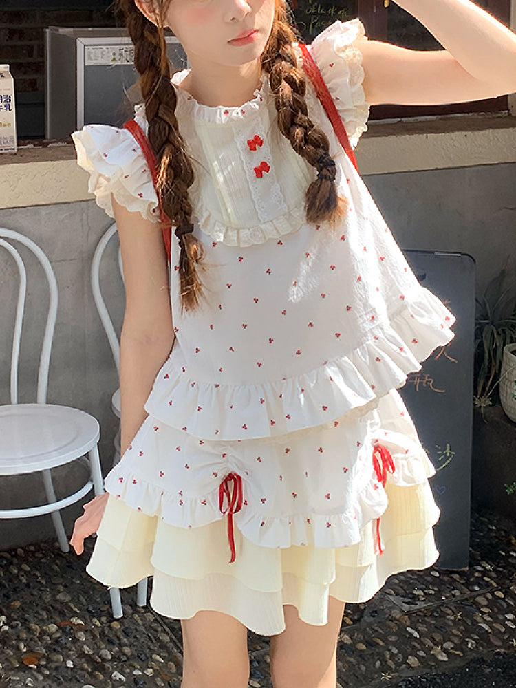 Red Petal Fairy Sleeve Blouse & Cake Skirt-ntbhshop