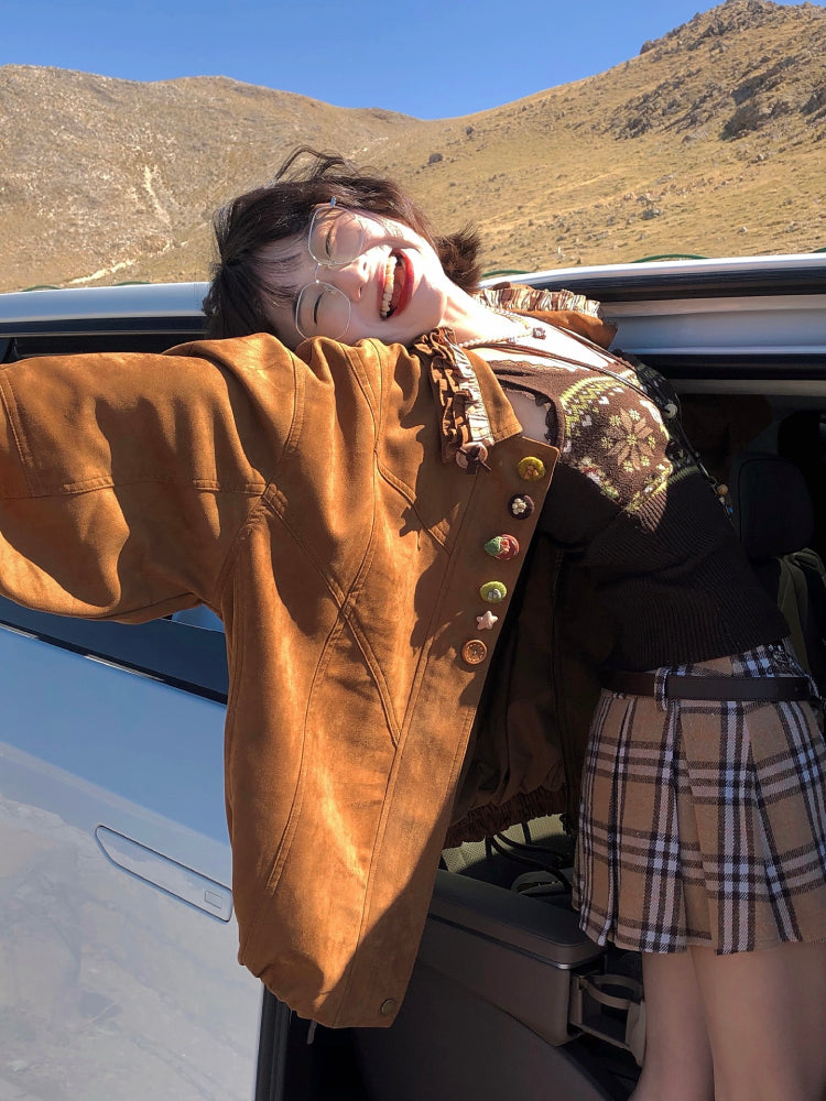 Maillard Coffee Vintage Button Suede Jackets-ntbhshop