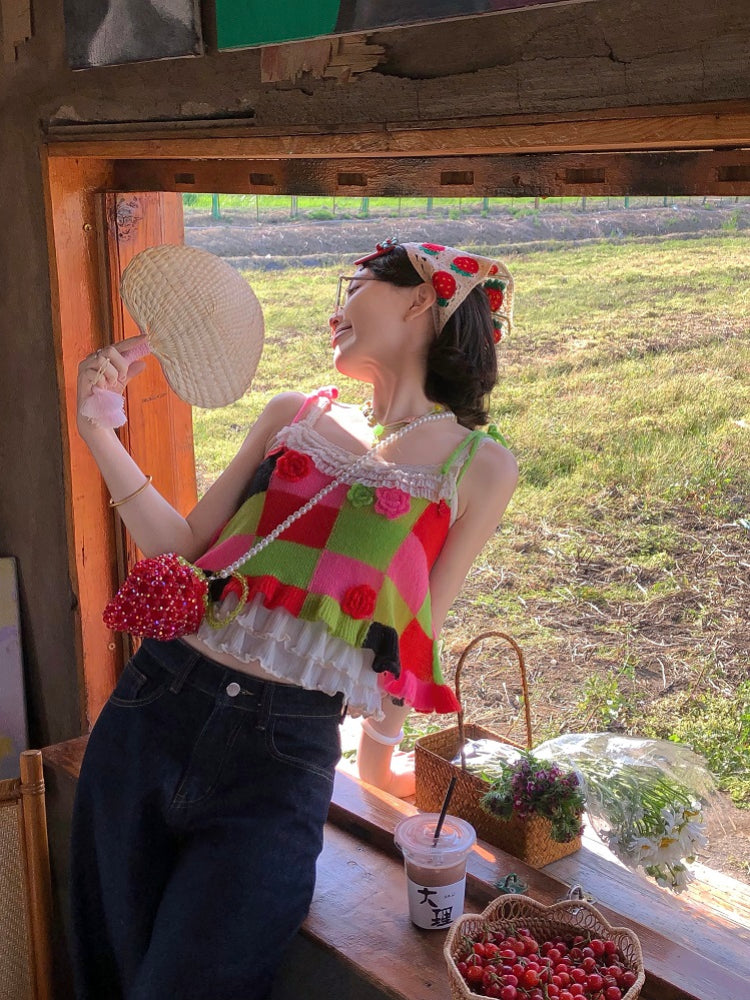 Candy Patch Checkered Flower Knit Vests-ntbhshop