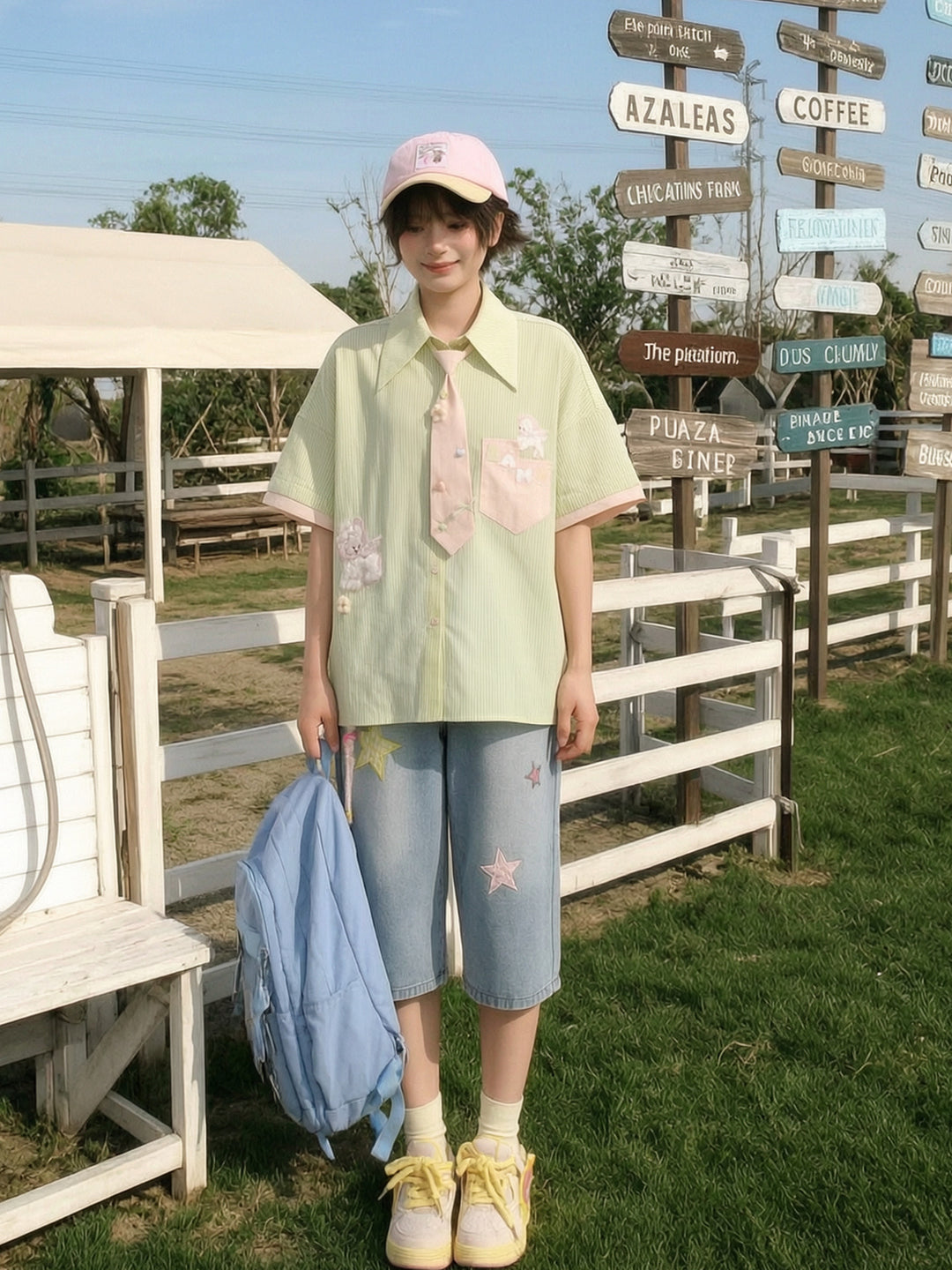 Matcha Lambie Stripe Tie Shirt-Tops-ntbhshop