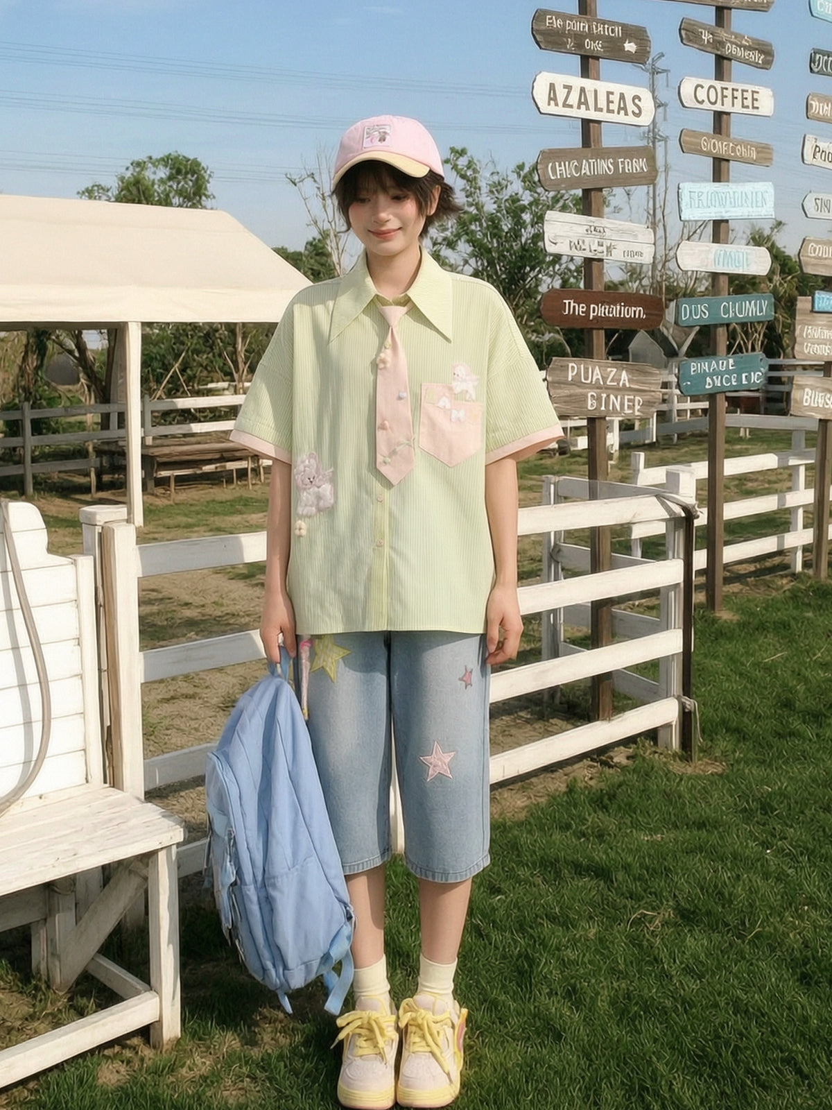 Matcha Lambie Stripe Tie Shirt-Tops-ntbhshop