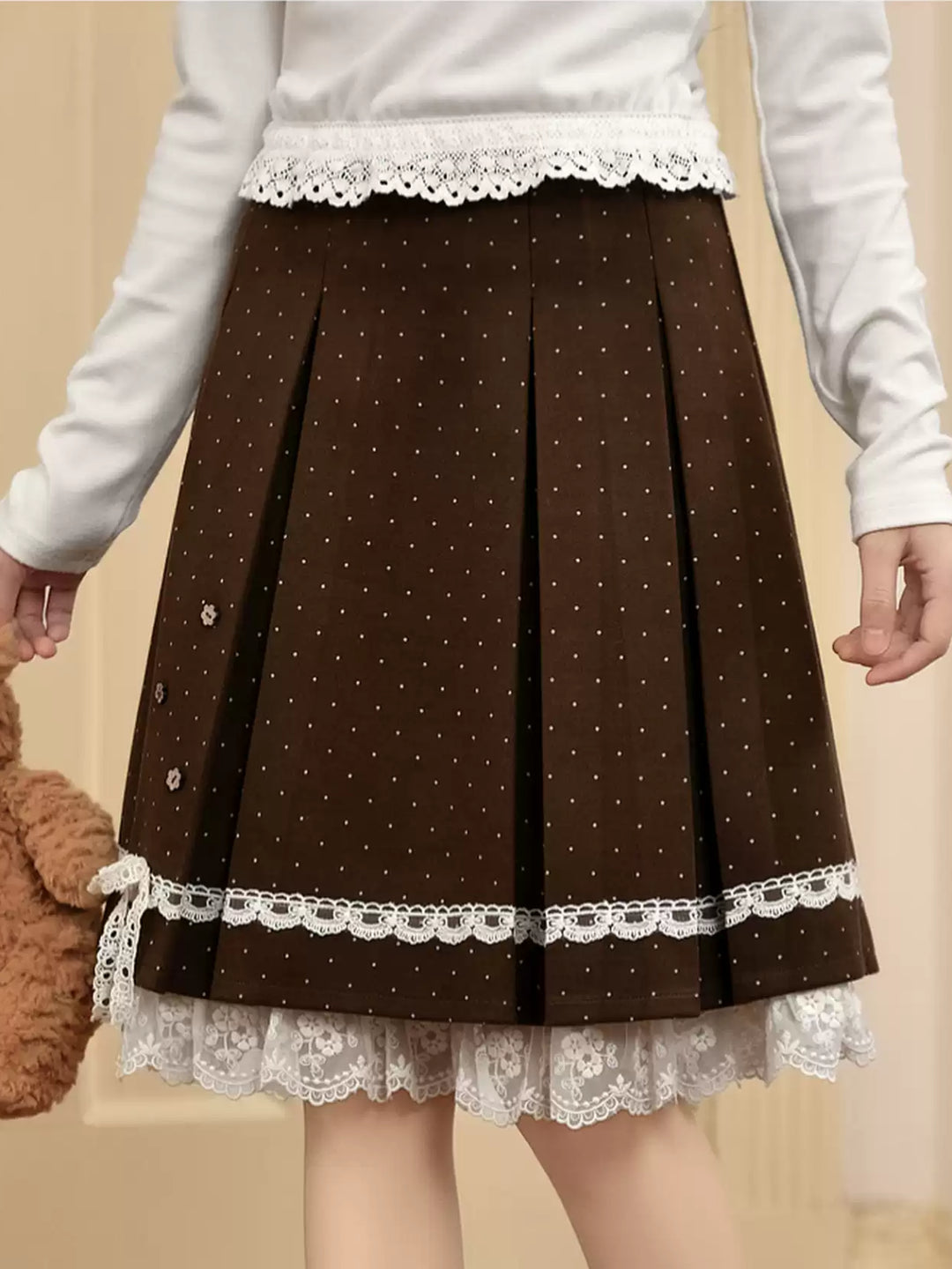 Cocoa Dot Lace Pleat Skirt