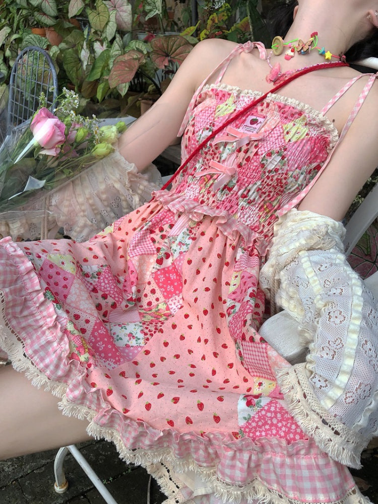 Strawberry Heartbeat Patchwork Slip Dresses-ntbhshop