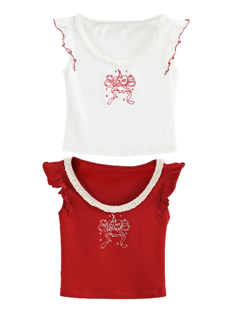 Cherry Ribbon Lace Tank Tops-Tops-ntbhshop