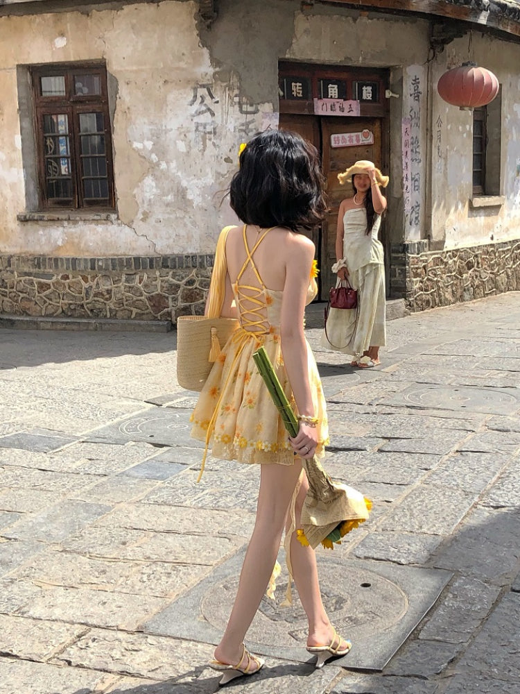 Sunflower Lace-Up Back Summer Dress-ntbhshop
